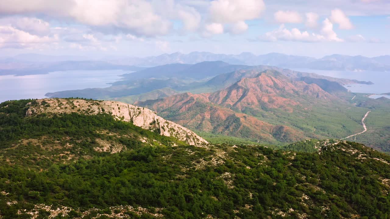 Aerial view of mountain range among Mediterranean and Aegean sea in Turkey