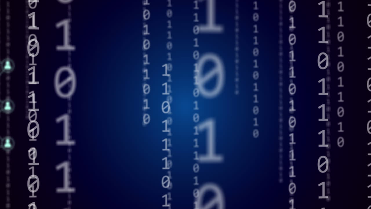 animación de codificación binaria y procesamiento de datos sobre fondo azul