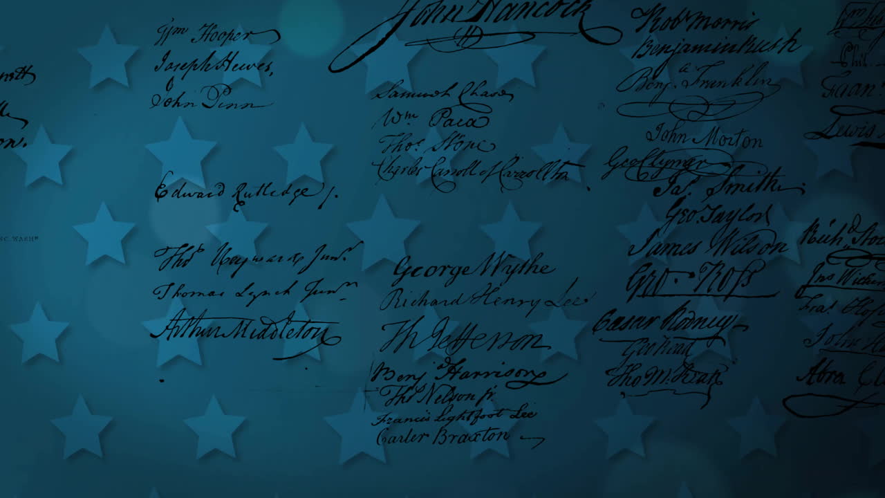 파란색 배경에 미국 국기 별과 독립 선언의 애니메이션
