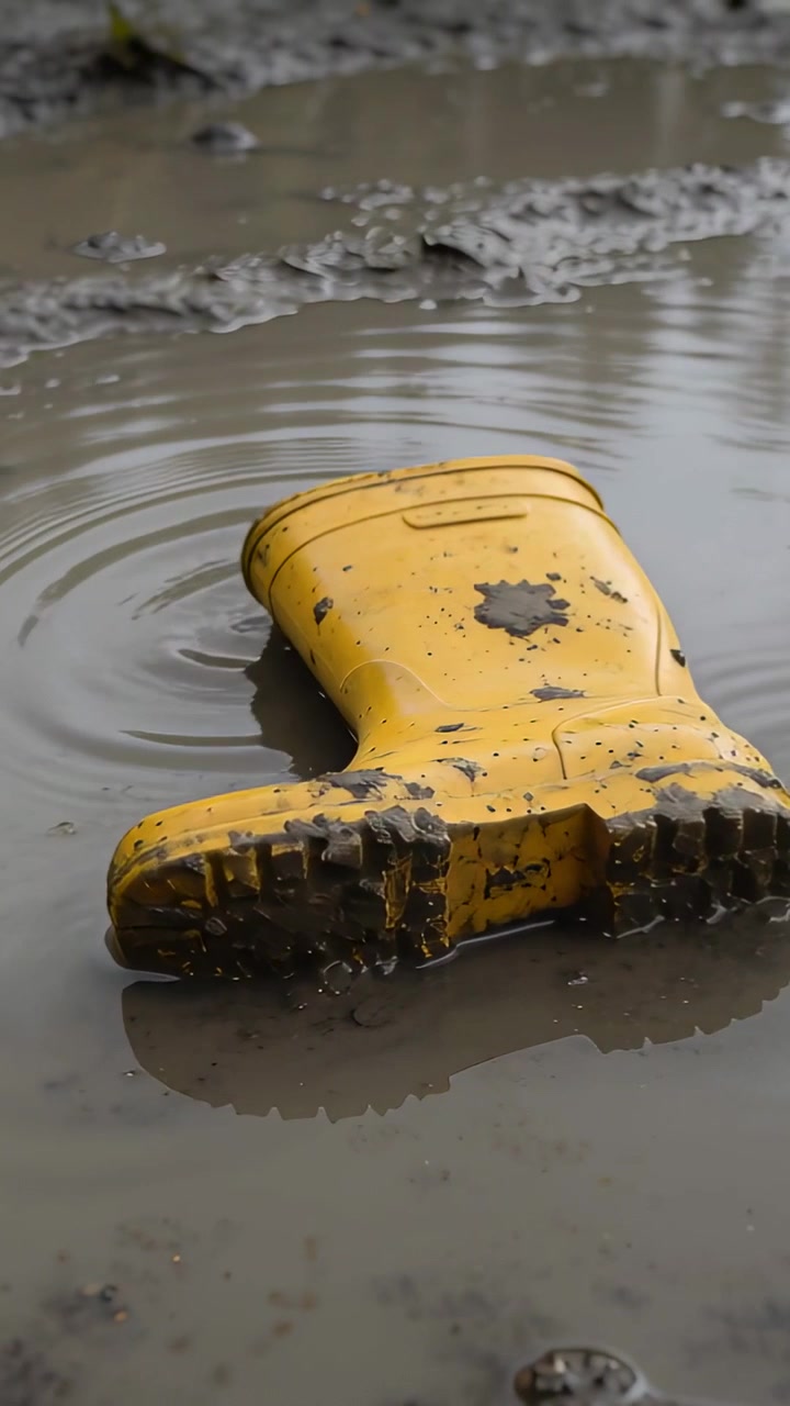 Video vertical: Mostrando una bota de goma amarilla tirada de lado en un charco de barro, creando ondas después de la lluvia.