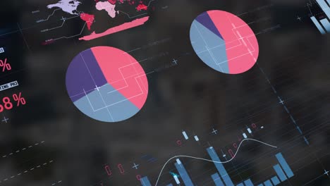 animation of statistical data processing over grid network against tall buildings