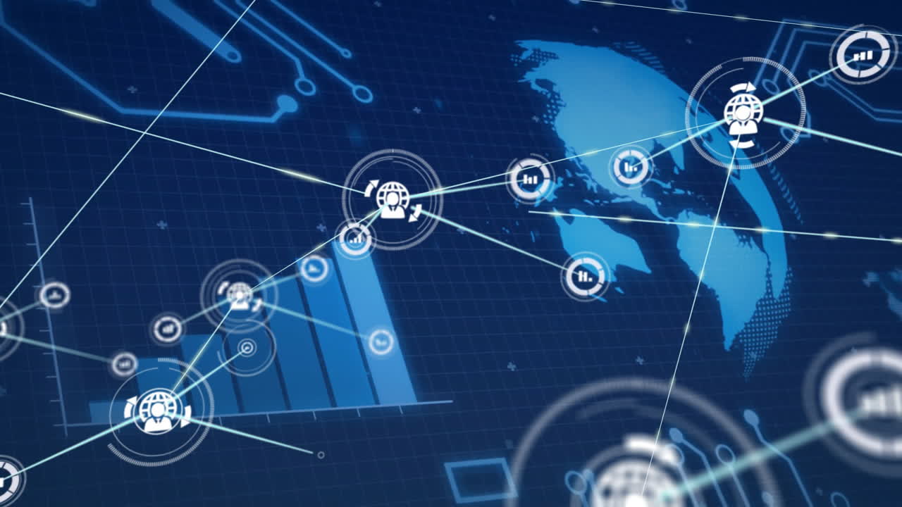 Animation of network of connections with icons over diagrams and globe
