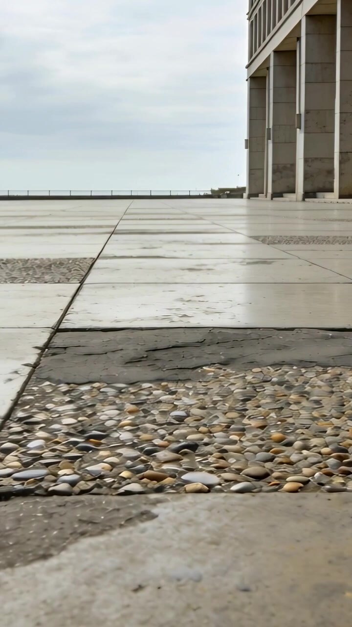 Vertical video: Scene starting lifting camera opening plaza to show bay, featuring pebble inset