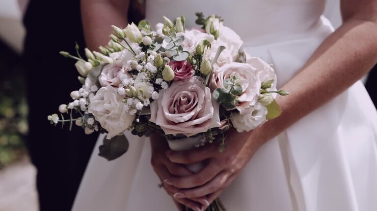 Bride in white dress holding a soft pastel bouquet with roses and greenery