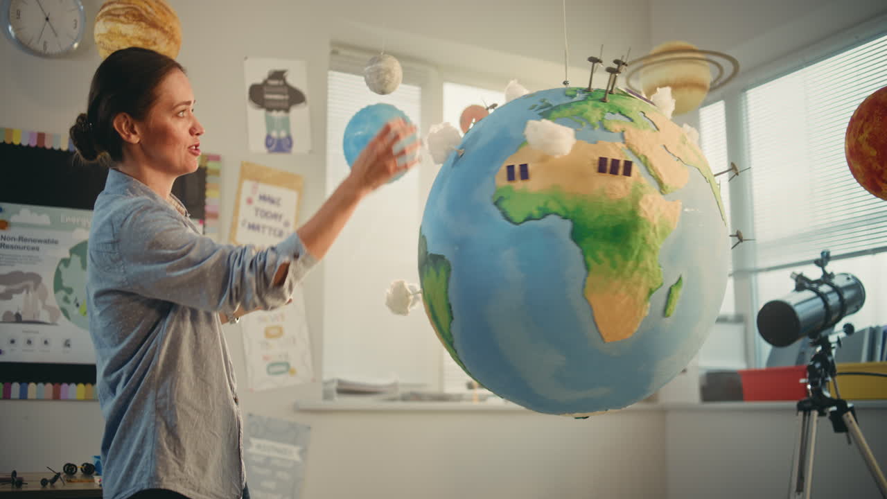 STEM Class on Renewable Energy Female Teacher Explaining Energy Resources to Elementary School