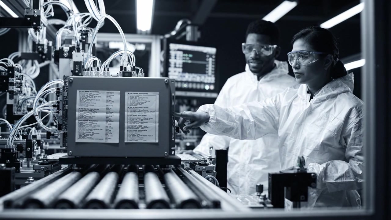 Two professionals in protective gear collaborate in a high-tech lab, examining equipment and data, demonstrating teamwork and innovation in a modern manufacturing environment.