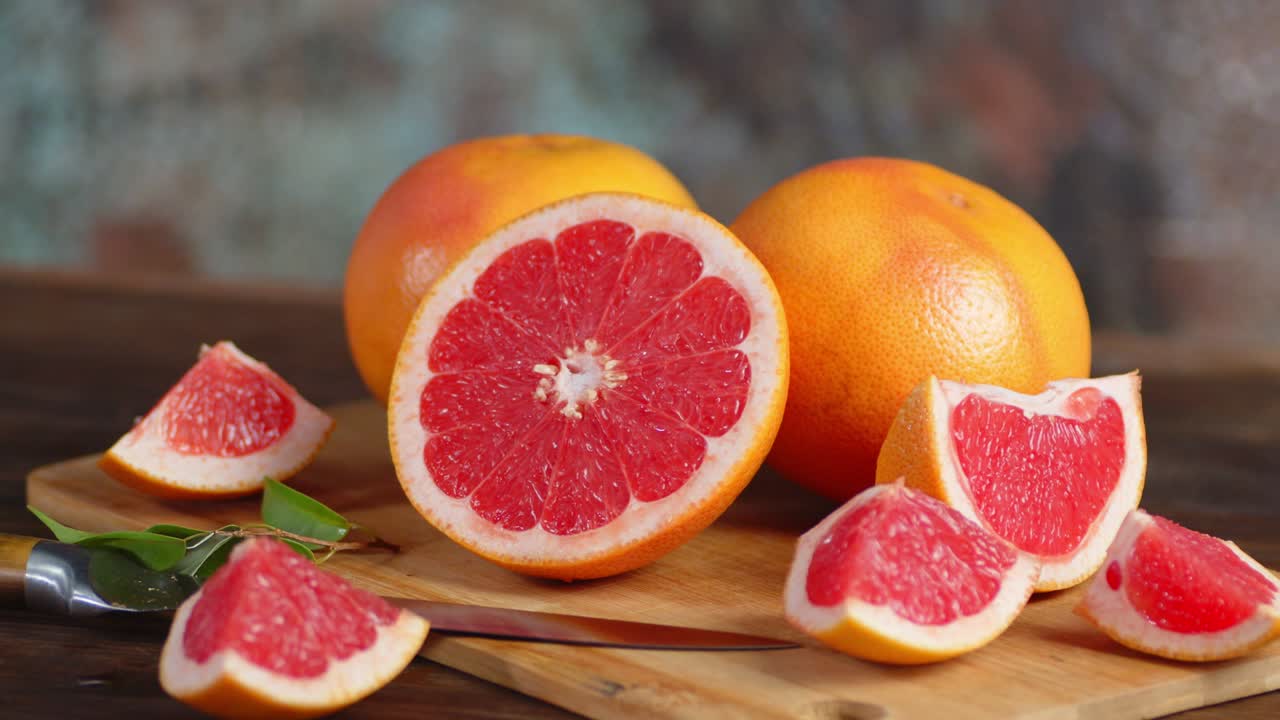 cortar pomelo fresco con un cuchillo en una tabla de cortar gira lentamente.