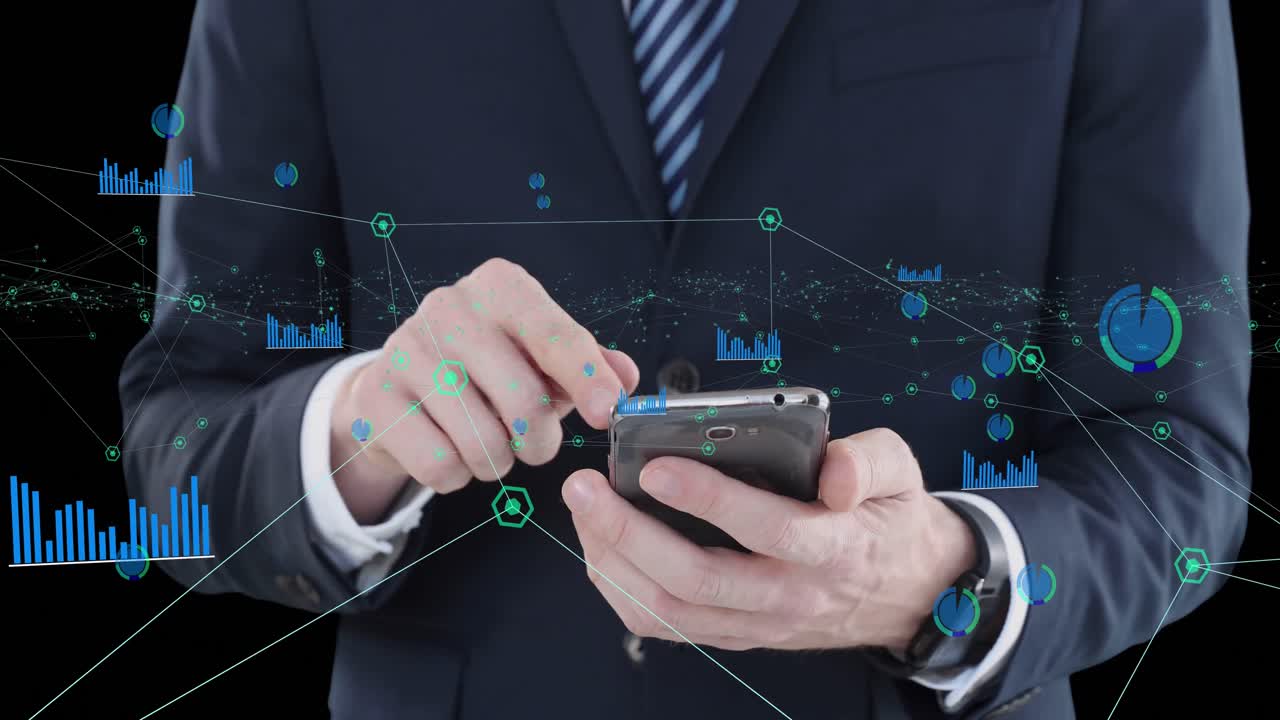 스마트 폰을 사용하는 코카시안 사업가에 대한 연결 네트워크의 애니메이션