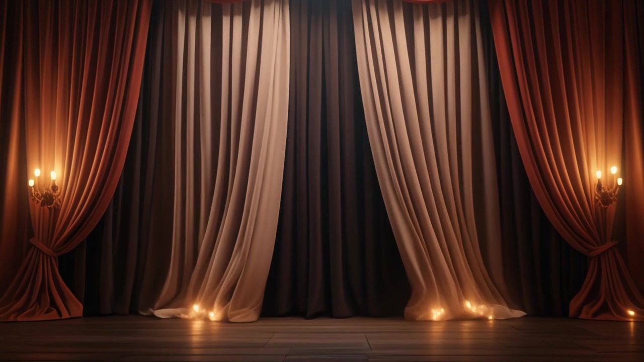 Scène de théâtre élégante avec rideaux rouges et lumière chaude des bougies