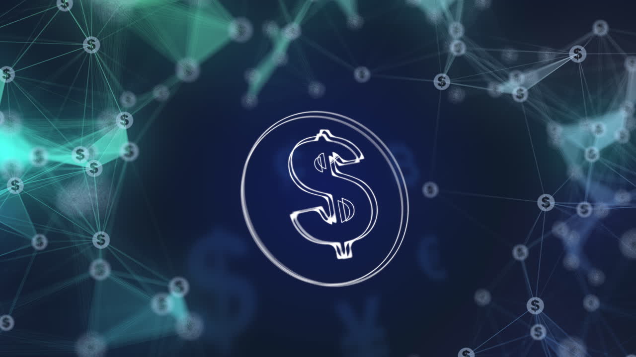 Animated dollar icon. Futuristic blue 3D background with moving money. Plexus lines.