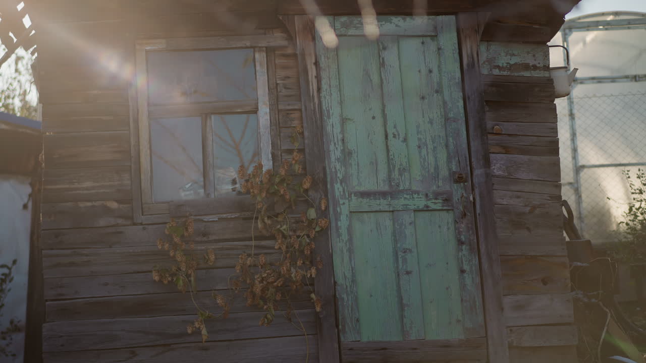 Facciata di casa invecchiata illuminata dal sole, porta color verde acqua, vernice scrostata su assi di legno, finestra di vetro impolverata con vite, retroilluminazione calda che crea un bagliore dell'obiettivo, tranquillo degrado rurale che evoca nostalgia e solitudine