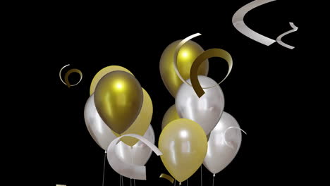 animación de globos de oro y plata con banderas de fiesta en fondo negro