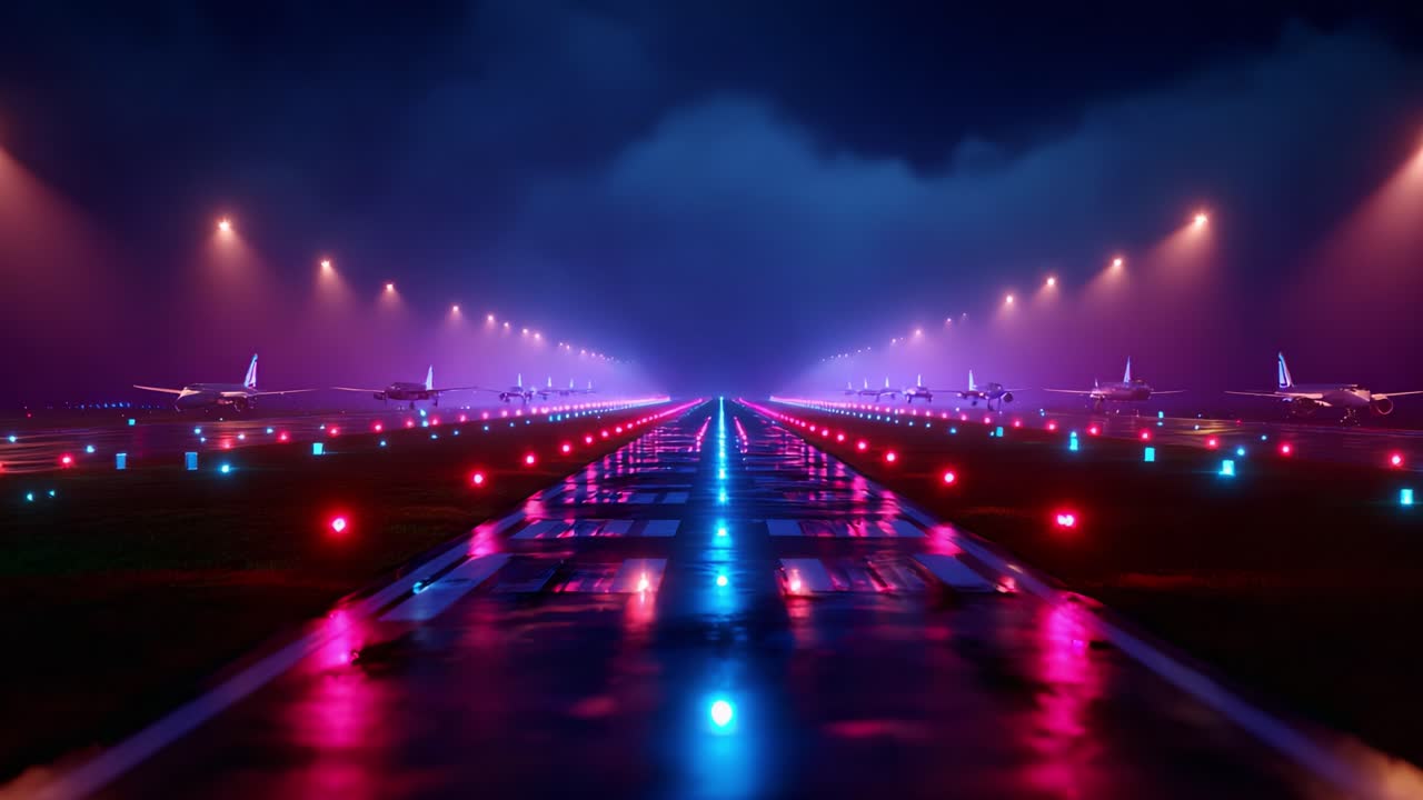 A striking nighttime scene of an illuminated runway filled with aircraft and vibrant lights creating a captivating atmosphere, showcasing the sleek design of planes aligned for takeoff in an electronic ambiance