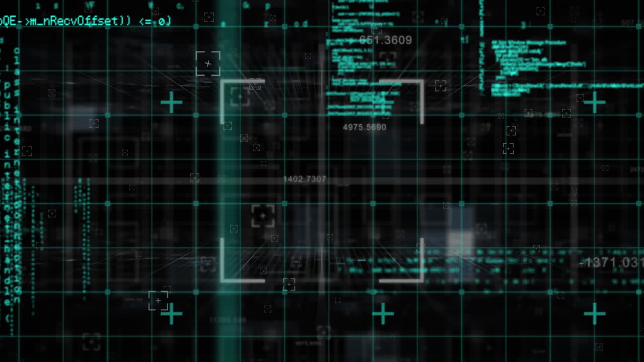 Animation of grid network and scope scanning over data processing against black background