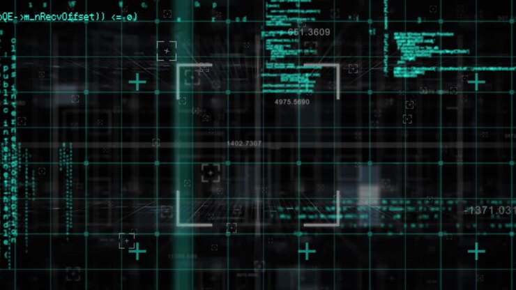 Animazione di una rete a griglia e scansione con mirino su elaborazione dati su sfondo nero.