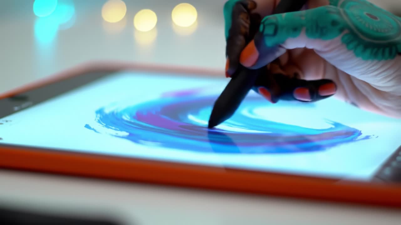 A skilled artist creates a colorful digital artwork using a tablet and stylus. The intricate patterns emerge vividly as the hand showcases unique henna designs.