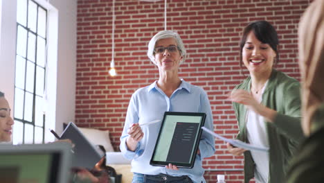 Idea,-tablet-and-presentation-of-woman-in-office