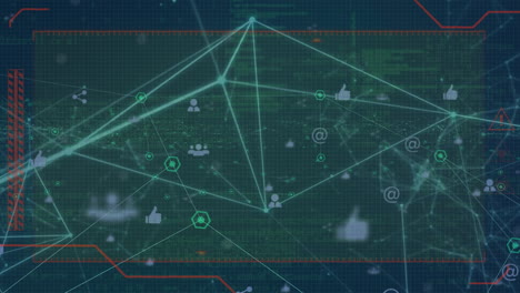 animation of network of connections with icons over data processing
