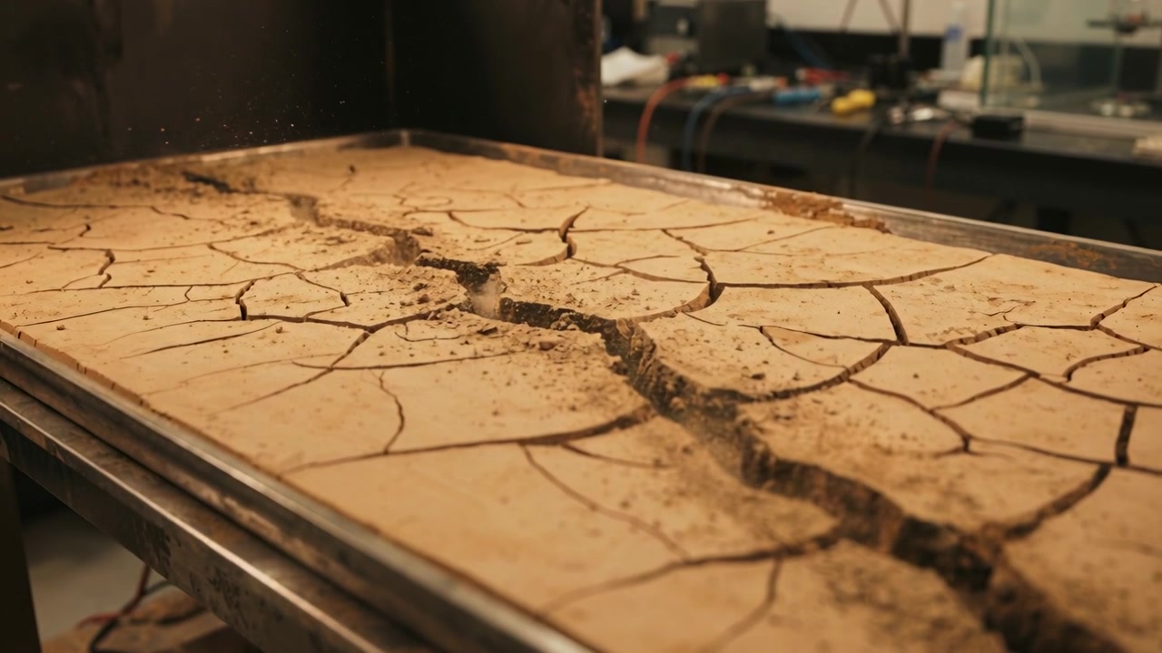Argilla che si asciuga causando l'allargamento di una crepa centrale, con un vassoio che cade in una scanalatura e perde detriti su un banco da laboratorio.