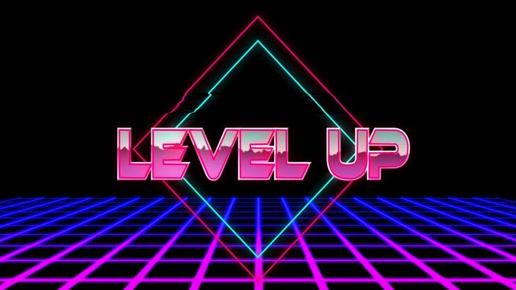 Animazione del testo 'level up' su linee al neon su sfondo nero.