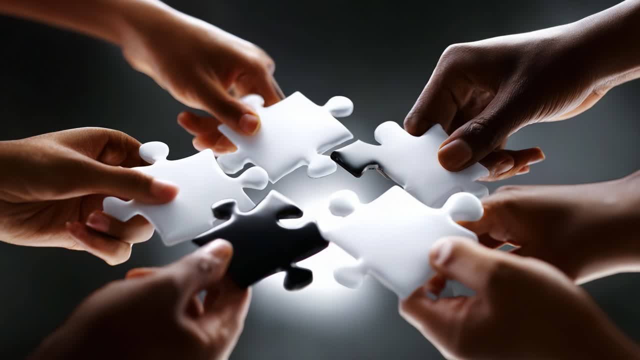 A Collaborative Effort in Puzzle Solving: Hands Coming Together to Complete a White and Black Puzzle Showcase the Importance of Teamwork and Engagement in Problem Solving Activities