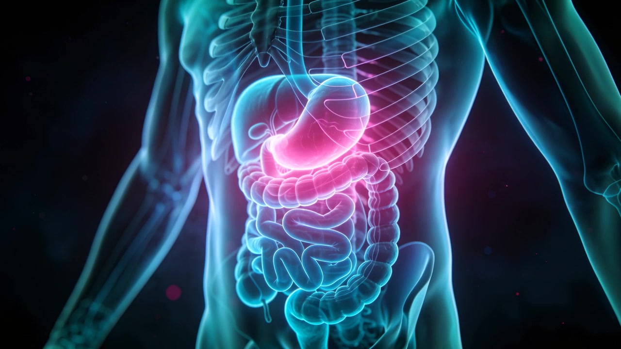 Modello di torso traslucido che inizia a ruotare, pulsando su uno sfondo scuro, evidenziando lo stomaco per lo studio.
