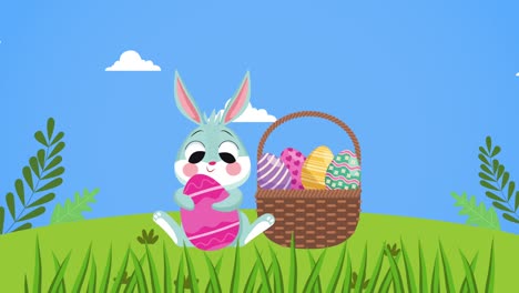 feliz día de pascua con un conejo lindo abrazando huevo y huevos en la canasta