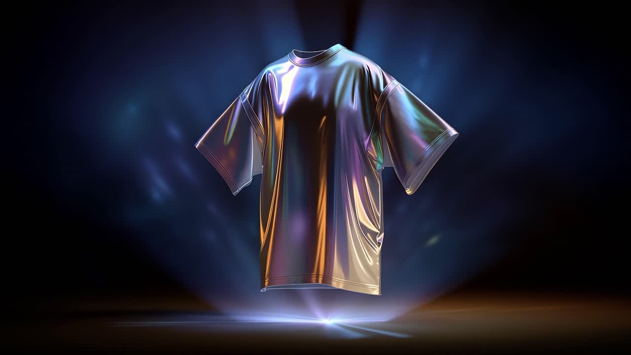 Floating shirt glows with iridescent light. Soft beams highlight fabric's shimmering texture. Dark backdrop intensifies magical aura. Shirt hovers above glowing base