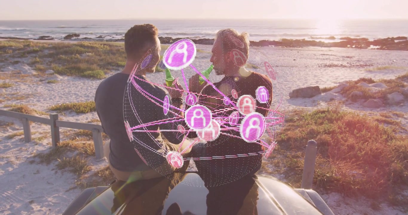 two men settling atop vehicle initiating tech network swirling toasting bottles connecting friends