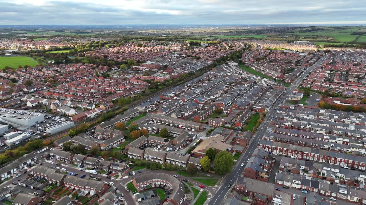 Timelapse Aerial drone view sunderland north east england uk tyne and wear wearside british english town city fulwell roker beach seaburn stadium of light