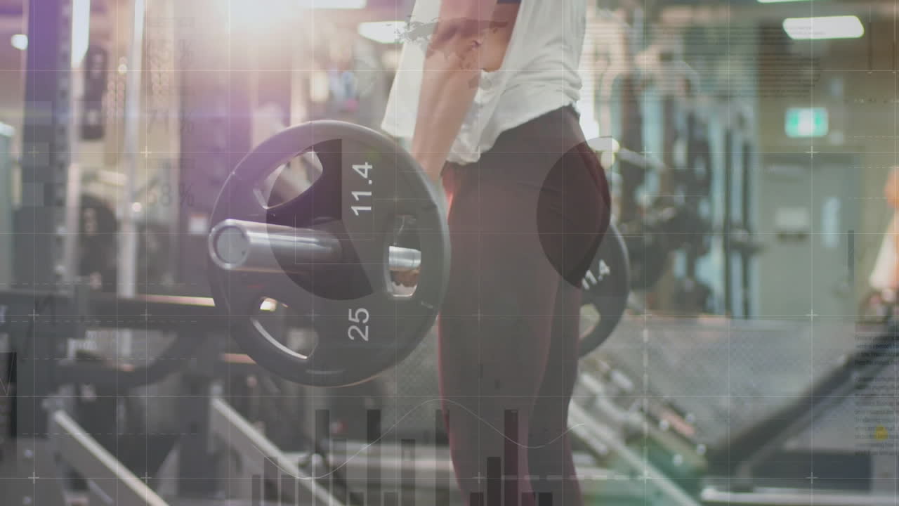 체육관에서 무게를 들어 올리는 것, 운동 장비 배경에 대한 피트니스 데이터 애니메이션