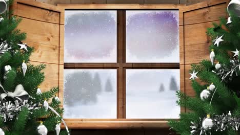 animation of window and christmas tree over snow falling and winter landscape