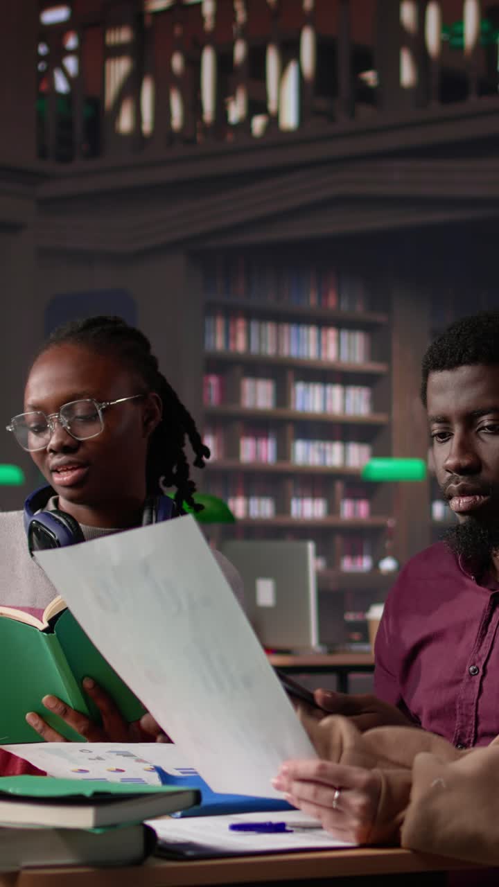 Vertical video college students collaborating on startup project in the campus library