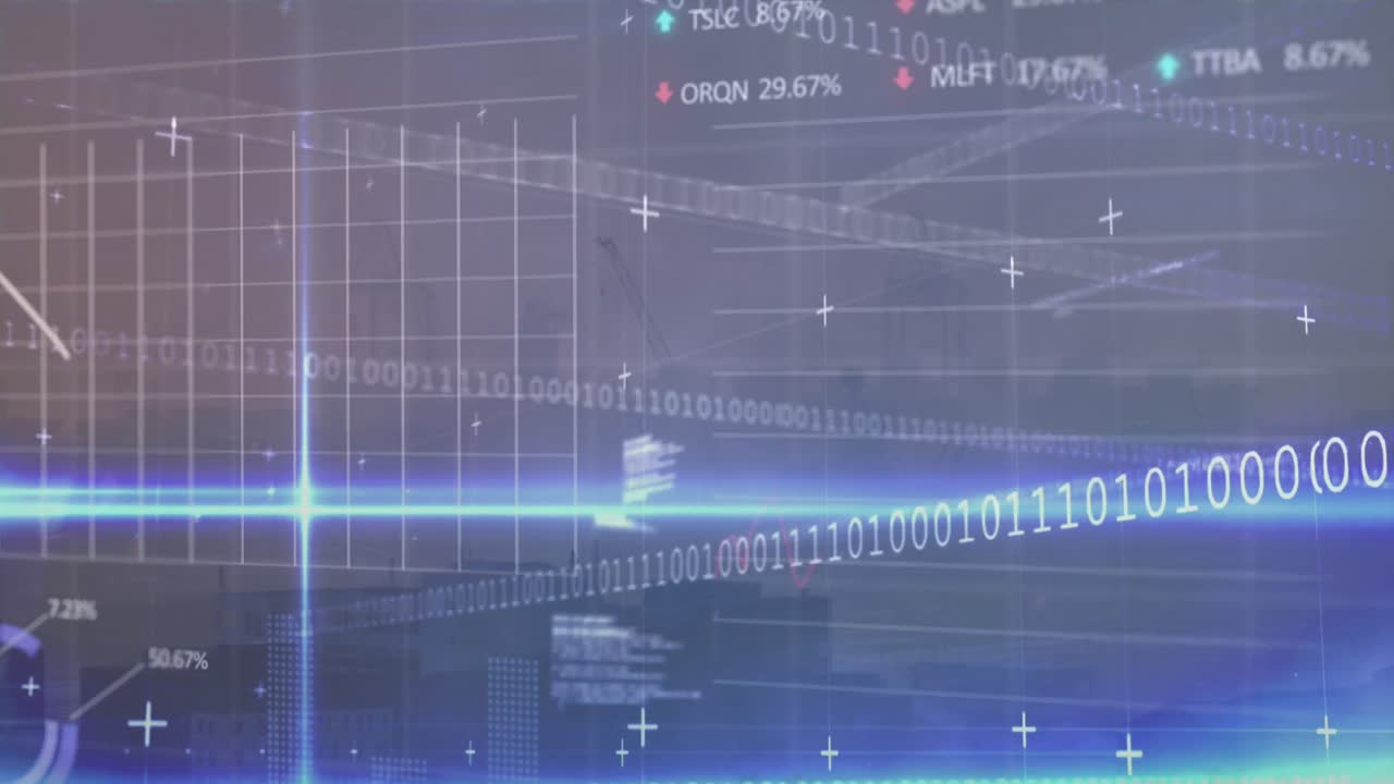 주식 시장 데이터 처리 및 푸른 빛 트레일의 애니메이션은 도시 풍경의 공중 전망과 대비됩니다.