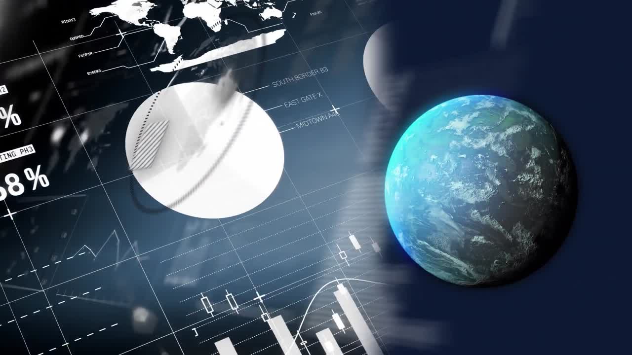 グローブのアニメーションと黒い背景の金融データ処理