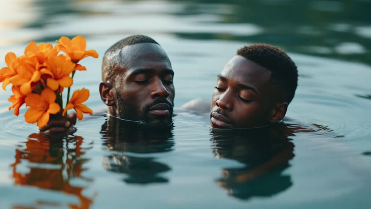 Two Black Men Swimming in Water with Orange Flowers
