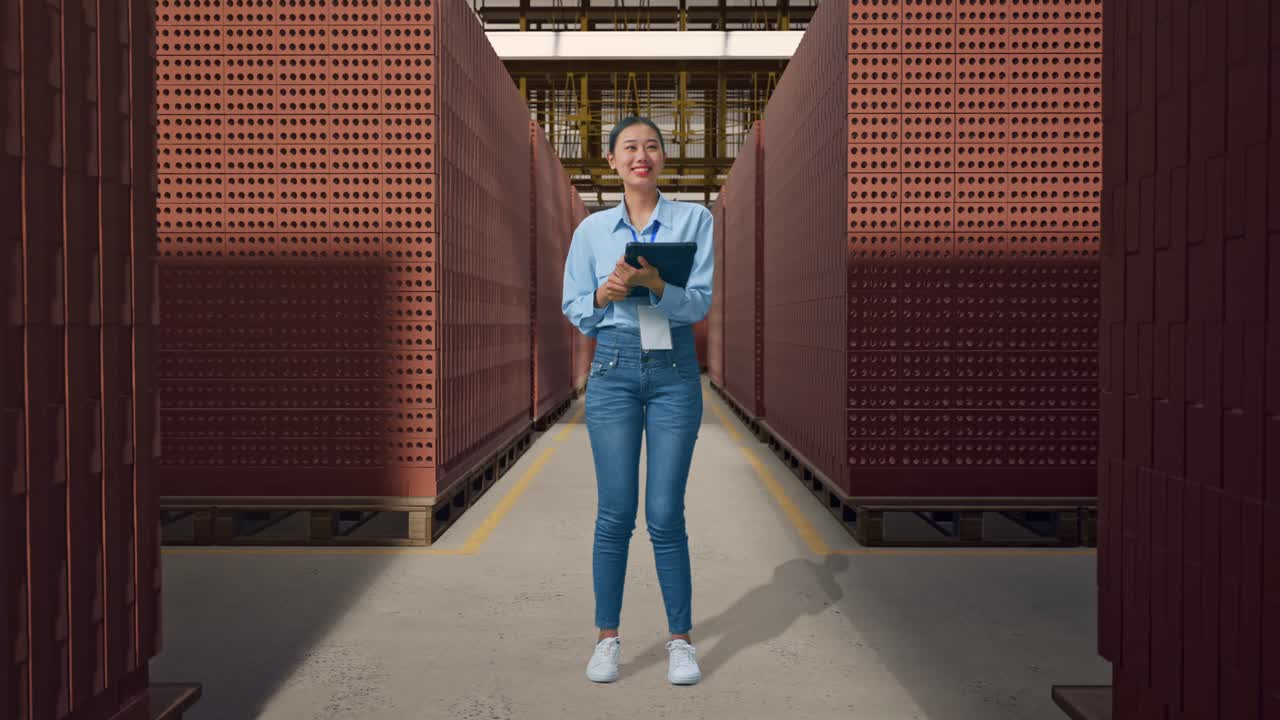 Full Body Side View Of Asian Female With Her Tablet With Red Brick Packed in Stacks Are Stored, Typing And Dissapionted With Nodding Her Shead