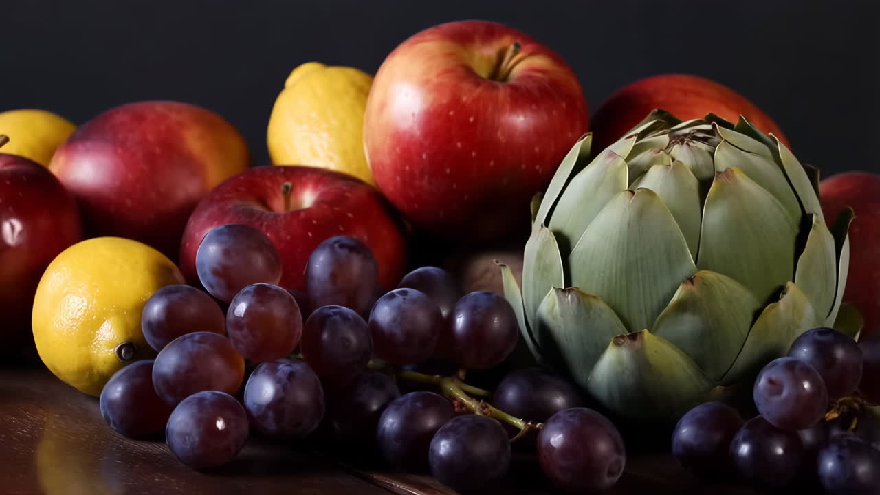 A vibrant still life of fresh fruits and an artichoke