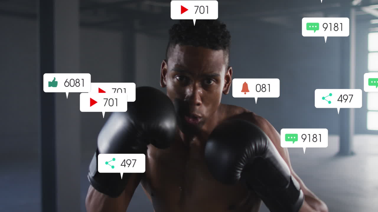 animación de barras de notificación que caen sobre un boxeador afroamericano practicando puñetazos