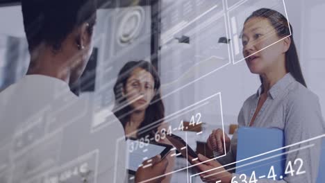 Animation of data processing over diverse business people in office