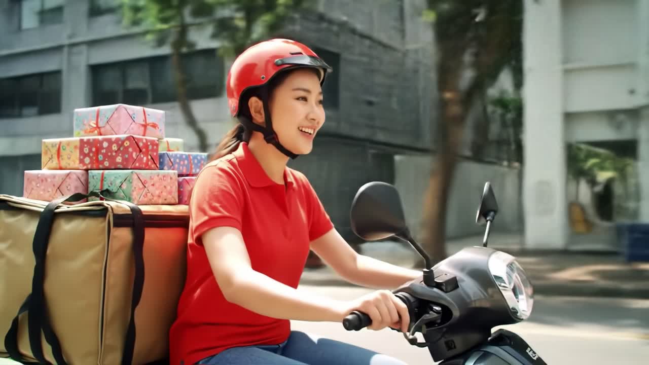 A delivery driver rides a scooter along a vibrant urban street ...