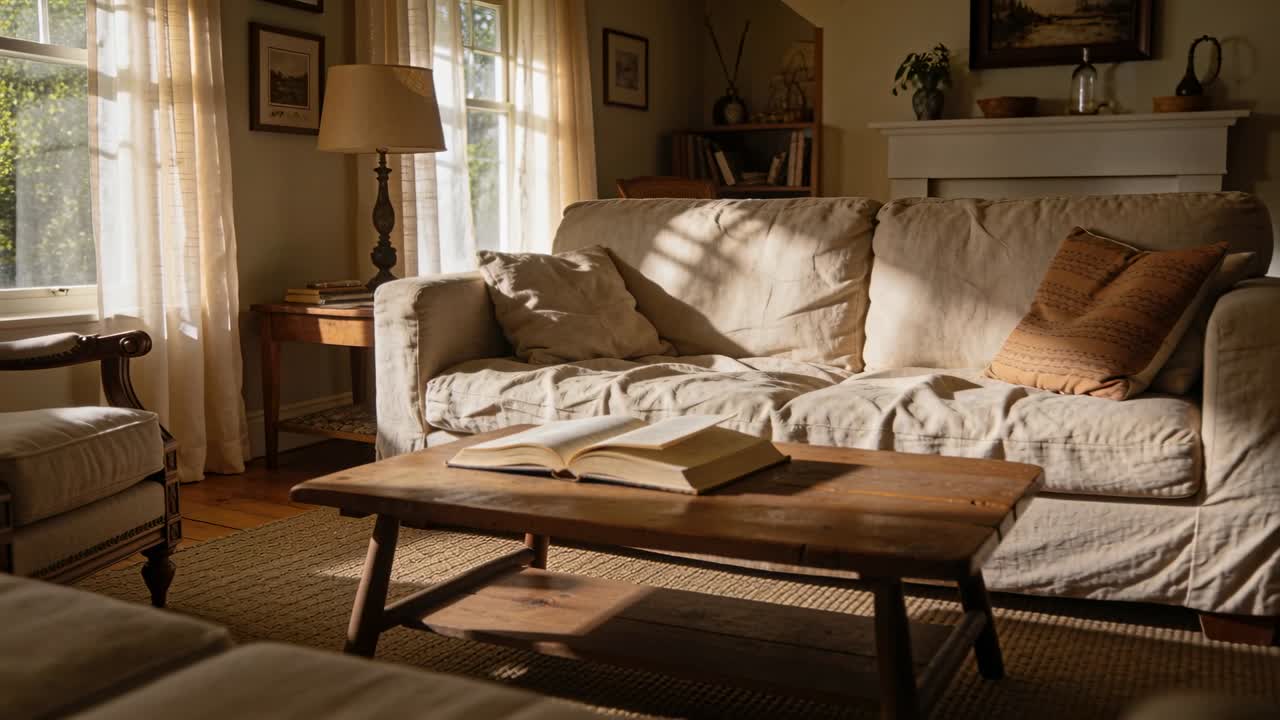 Pulling back camera revealing open hardcover book on rustic coffee table to show cozy living room