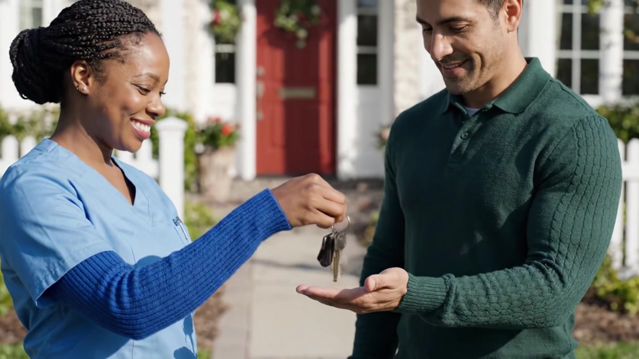 A Heartwarming Encounter: A Caregiver and Patient Share a Joyful Moment in Front of a Beautiful Home Setting, Highlighting Compassion and Connection.