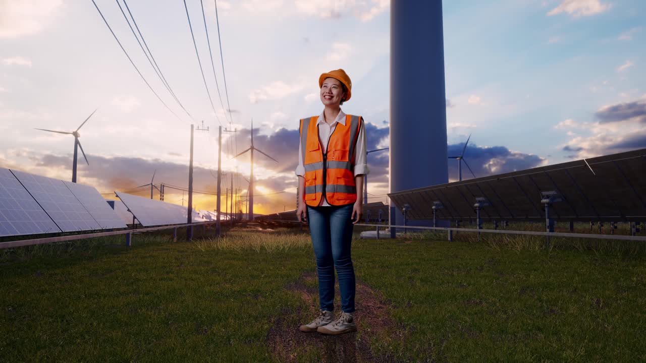 Full Body Side View Of Asian Female Engineer With Safety Helmet Looking Around With Solar Panel and Wind Turbines