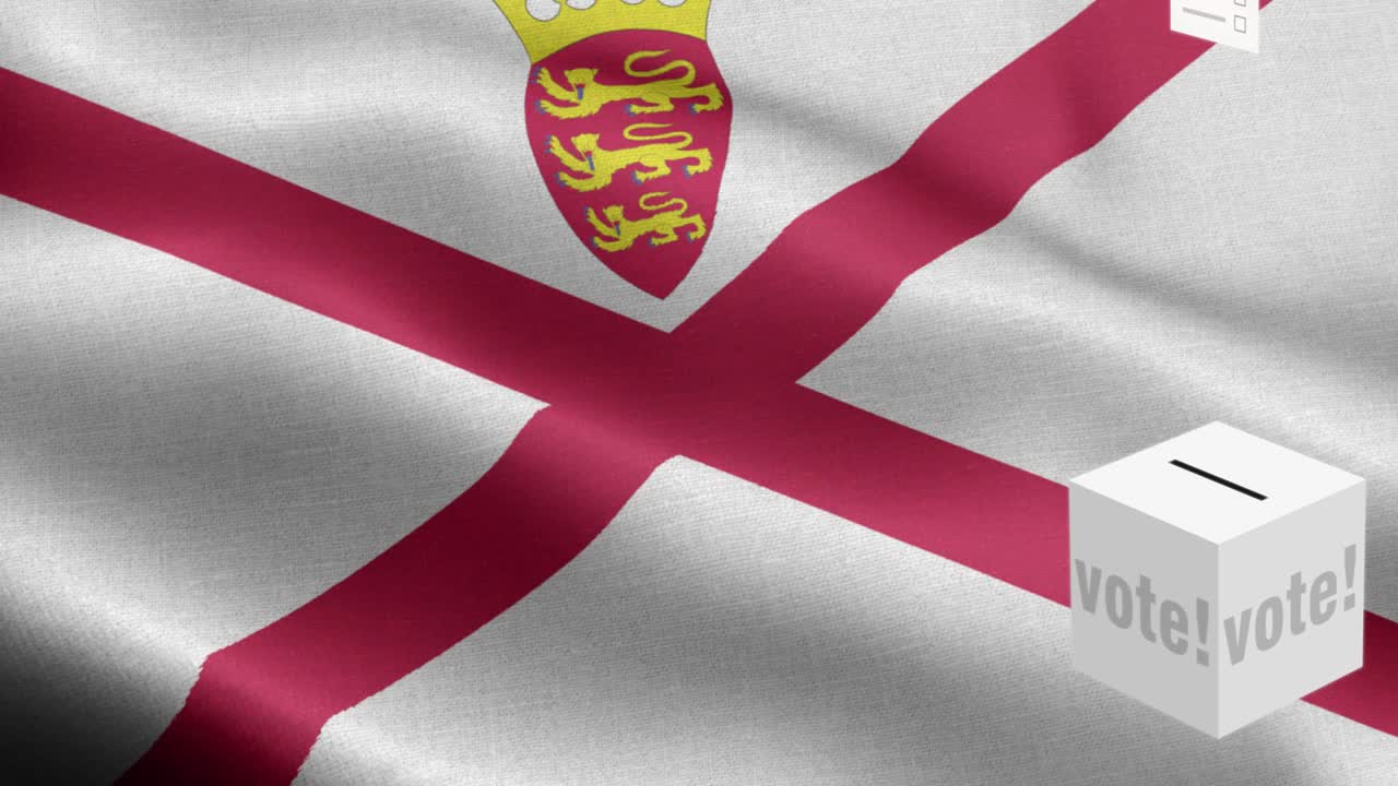 Ballots fly to box for Jersey selection - Ballot box in front of flag - Election - Vote - Flag Of Jersey - Jersey Flag High Detail - National flag Jersey wave Pattern loopable Elements - Fabric texture and endless loop
