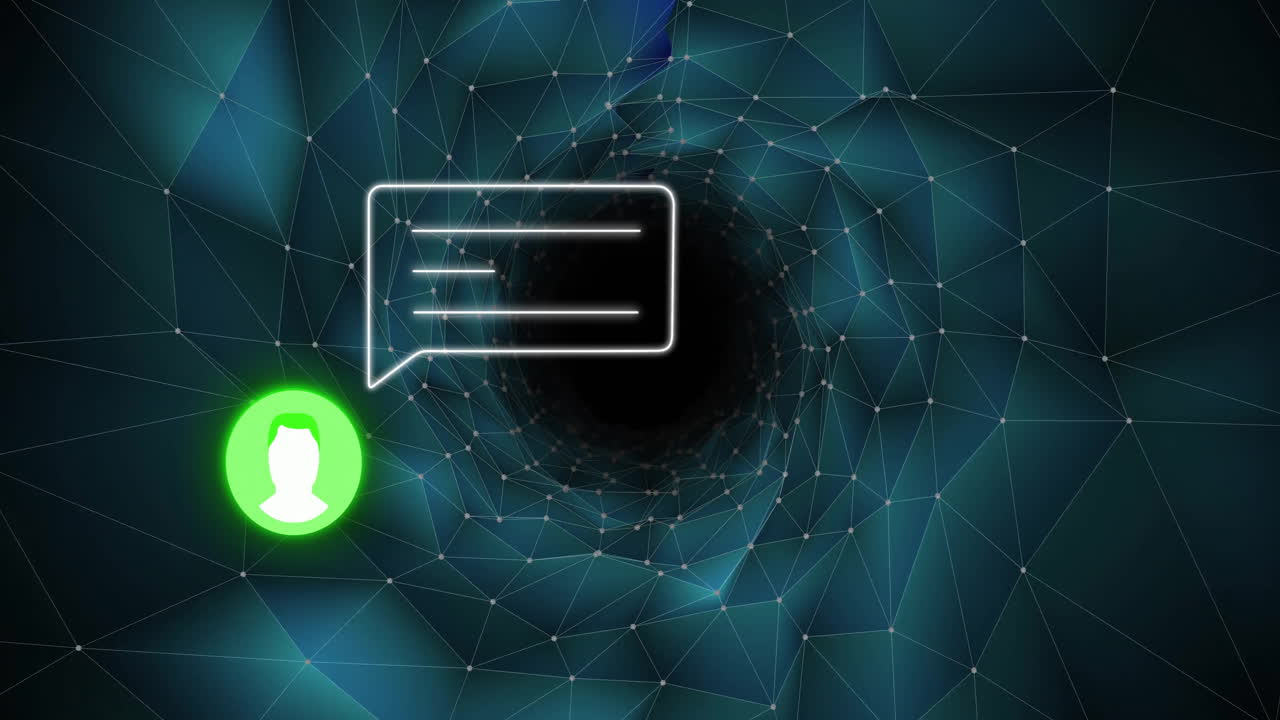 Animation of social media icon, digital data processing over network of connections