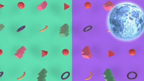 Animation-of-moon-appearing-over-green-and-violet-background-with-diverse-shapes