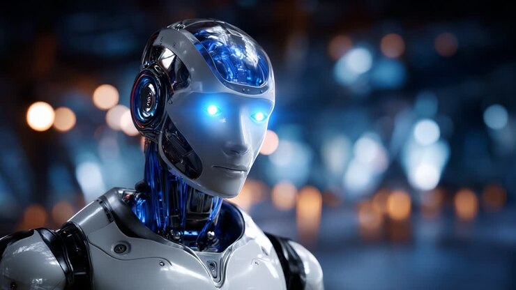 Robot umanoide futuristico con occhi blu luminosi in un ambiente tecnologicamente avanzato, che mette in mostra un design elegante e intricate caratteristiche metalliche