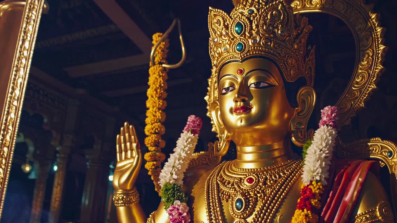 Tomada em ângulo baixo de uma estátua de divindade em um templo ricamente decorado, com fumaça etérea e iluminação quente.