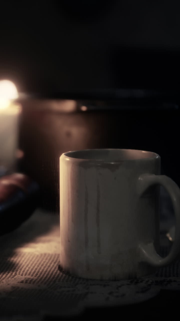 뒷면에 불이 있는 테이블에 앉아 있는 손잡이를 가진  컵.